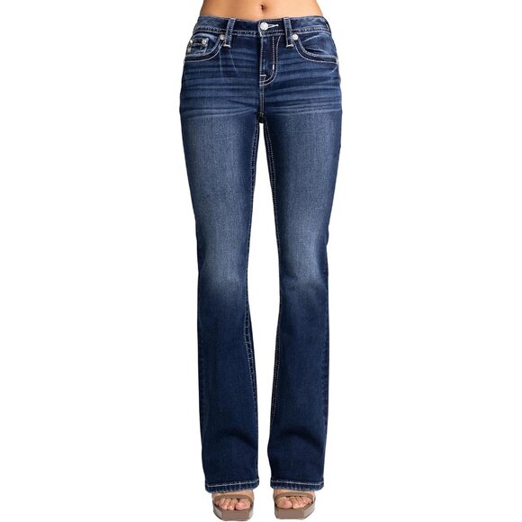 Women's Embellished Faux Flap Pockets Bootcut Jeans Mid-Rise Rhinestone Logo - Picture 2 of 4